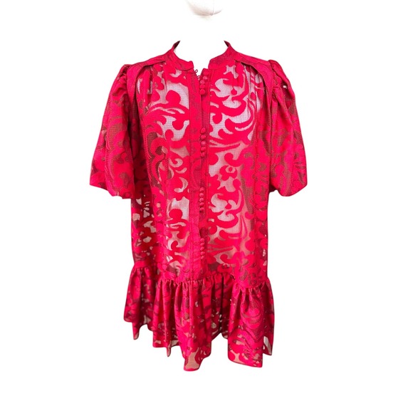 Roca Boutique Red Lace Puff Sleeve Ruffle Hem Button Front Mini Dress Women - Picture 4 of 15